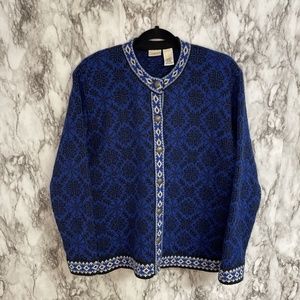 Vintage L.L. Bean Women's Blue 100% Merino Wool Nordic Cardigan Sweater